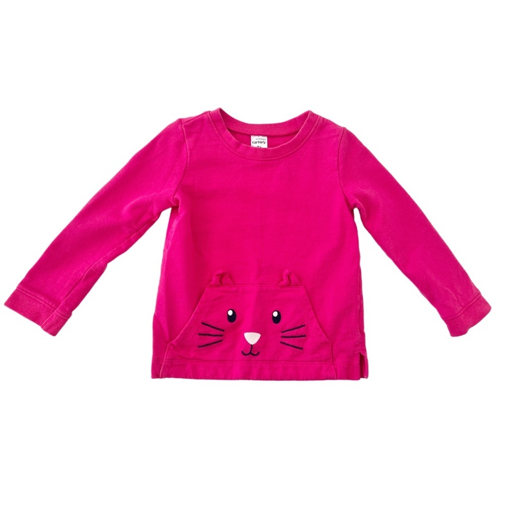 Carter's Bright Pink Long Sleeve Cat Tee with Large Front Pocket | Girls 2T
